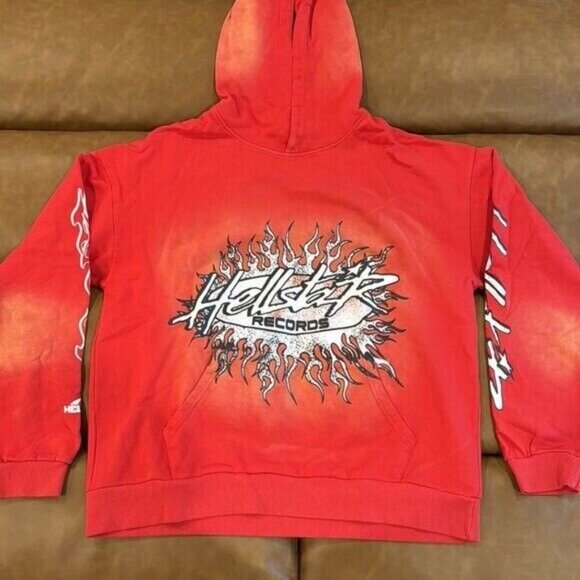 Hellstar Records Flames Graphic Red Hoodie Pullover Mens Size Large